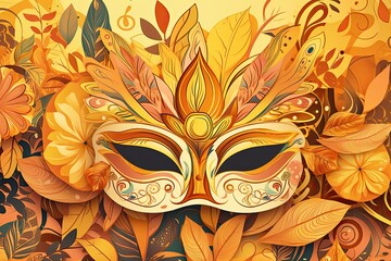 Brazilian Carnival Party: Vintage Floral Design with Sun, Masks and Nature Elements. Generative AI