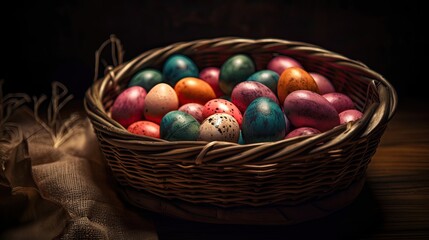 Fototapeta na wymiar Celebrate the Magic of Easter with this Colorful Basket of Eggs. Generative AI