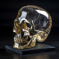 Crystal skull with gold details, ancient South American artifact.
Generative AI