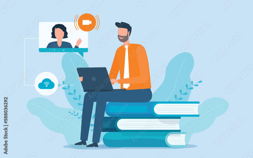 Poster vector businessman working with remote online technology connection. People use computers for education. and video training  online conferencing concept
