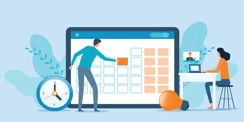 Fototapeta na wymiar Flat vector illustration design Business planning concept and Business people team working with digital online calendar concept 