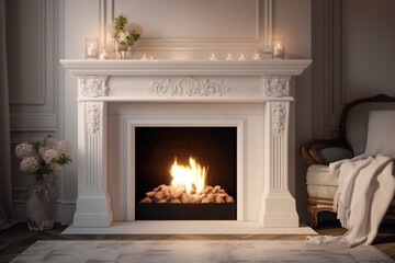 Modern interior design of the living room with fireplace. Super photo realistic background, generative ai illustration