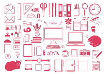 シンプルな文房具とビジネスのアイコンセット
仕事　猫　PC　文房具　リモートワーク　勉強