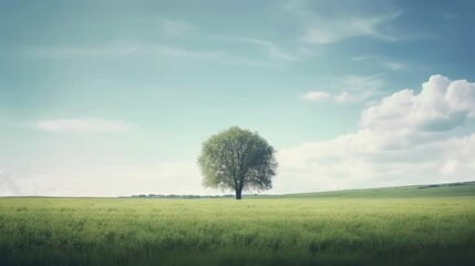 Obraz na płótnie Canvas a lone tree in a field of grass under a blue sky. generative ai