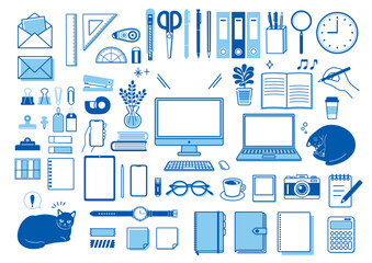 シンプルな文房具とビジネスのアイコンセット
仕事　猫　PC　文房具　リモートワーク　勉強