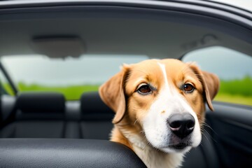 Dog sitting in a car and ready for riding AI-generated, Generative AI
