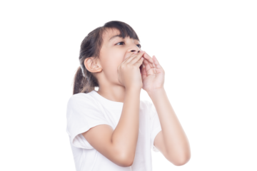 Young Asian girl hands up in a shouting gesture. Speaking with hands gesture near mouth.