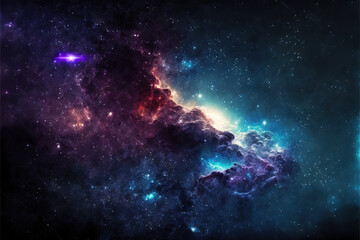 Fototapeta na wymiar Purple, red and blue space with stars. Fantasy galaxy generative AI background