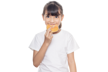 Young Asian girl eating donuts.