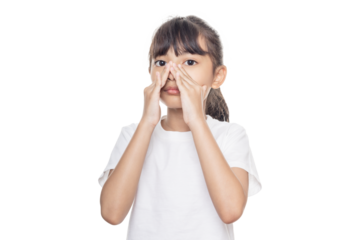 Young Asian girl has a stuffy nose, runny nose.