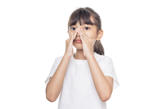 Young Asian girl has a stuffy nose, runny nose.