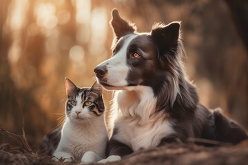 Adorable lovely dog with cat friendship together, generative ai.