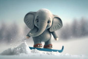 Adorable Little Elephant Shredding Snow on a Snowboard