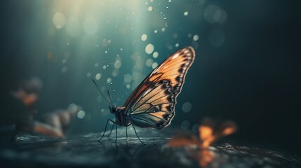 Naklejka na ściany i meble a butterfly sitting on top of a table covered in water. generative ai