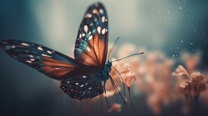Fototapeta na wymiar a butterfly flying over a flower with water droplets on its wings. generative ai