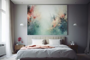  a large painting hangs above a bed in a bedroom with a large painting on the wall.  generative ai