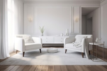 Naklejka na ściany i meble a white living room with two white chairs and a table. generative ai