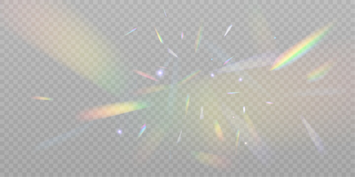 Rainbow overlay texture. Holographic falling confetti isolated on transparent background. Cluster of colors, bright rays of the spectrum. Glare on the lens, glass, jewelry, or gems.