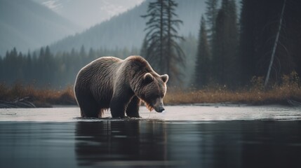 Obraz na płótnie Canvas a brown bear standing in a river next to a forest. generative ai