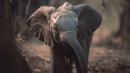 Fototapeta na wymiar a baby elephant standing next to a tree in a forest. generative ai