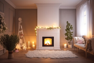 Modern interior design of the living room with fireplace. Super photo realistic background, generative ai illustration