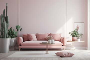 Cozy Living Room with a Pink Sofa and Green Plants. Generative AI