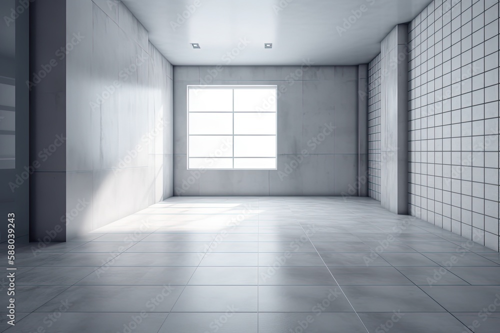 Poster illustration of an empty room with a large window and tiled walls. generative ai