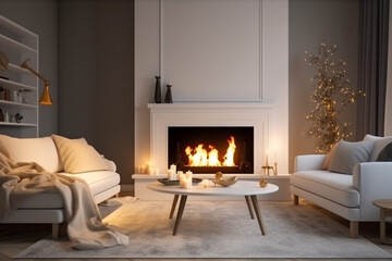 Modern interior design of the living room with fireplace. Super photo realistic background, generative ai illustration