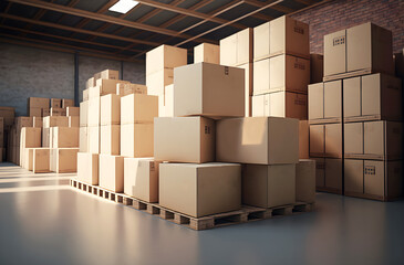 cardboard boxes abound in the inventory in the contemporary warehouse storage of the retail store, internet shopping concepts, online shopping, generative ai