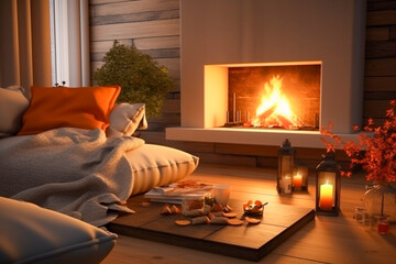 Modern interior design of the living room with fireplace. Super photo realistic background, generative ai illustration - obrazy, fototapety, plakaty