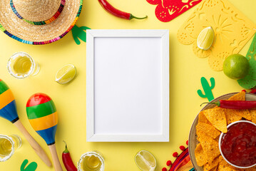 Vibrant Cinco de Mayo party concept. Mexican sombrero, colorful poncho, maracas, tequila shots,...