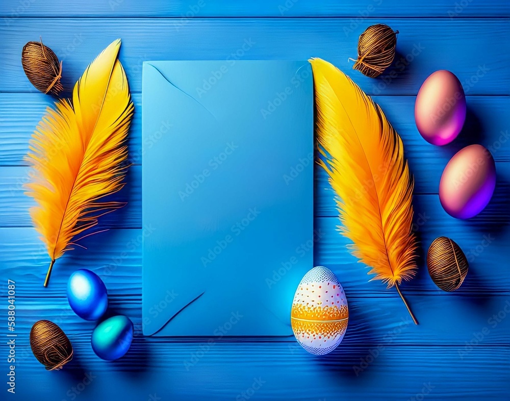 Wall mural blue background with a blue box and a blue box with eggs and a yellow feather. top view