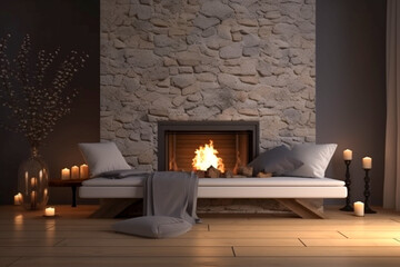 Modern interior design of the living room with fireplace. Super photo realistic background, generative ai illustration