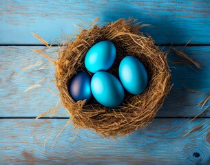 Easter eggs in a nest with a blue background. Easter. Top view 