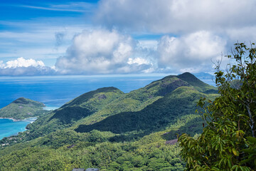 Morn blanc nature trail, view of port launay beach area and silhouette island, Mahe Seychelles