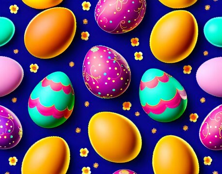 Colorful collection of easter eggs with the word easter. Seamless pattern. Top view 