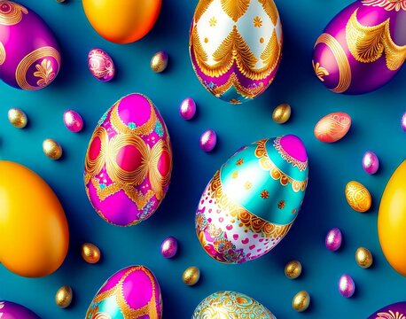 Colorful collection of easter eggs with the word easter. Seamless pattern. Top view 