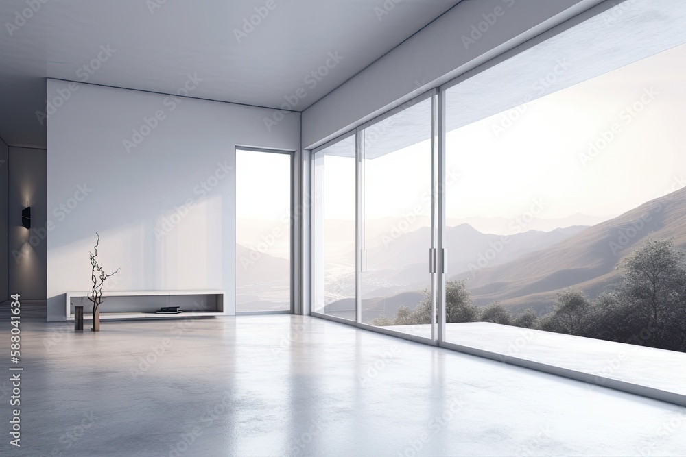 Aufkleber illustration of an empty room with a breathtaking view of mountains through a large window. generati