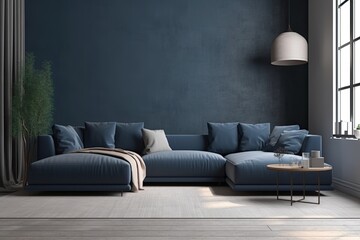 modern living room with a spacious blue sofa as the centerpiece. Generative AI