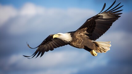 Fototapeta na wymiar a bald eagle soaring through the air with its wings spread. generative ai