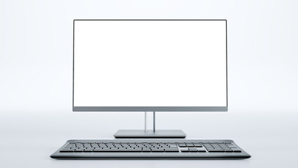 Fototapeta premium Desktop computer with wireless keyboard, Blank screen display computer pc with black keyboard, 3D render