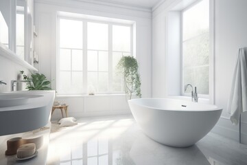 Fototapeta na wymiar a bathroom with a large white bathtub and a window. generative ai