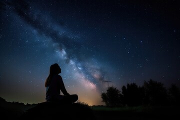 A Girl's Silent Gaze at the Universe's Mysterious Beauty: Silhouette of a Girl Watching the Stars in Night Sky. Generative AI