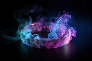 Fototapeta na wymiar a bowl of smoke on a black background with a purple and blue ring around it. generative ai