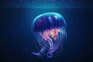 Exotic Marin Scene: Fluorescent Jellyfish Floating in the Sea with Glittering Abstract Art: Generative AI