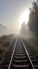 Fototapeta na wymiar Railway Tracks in a Misty Morning, Capturing the Power of Transportation, Travel, and Distance: Generative AI