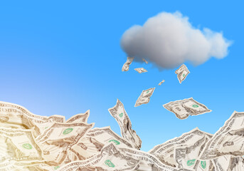 Cloud with crumpled dollars. Money rain. Concept injecting money into economy. Artificial increase in liquidity. USA Dollars. USD money on blue. Metaphor for measures to support USA economy. 3d image