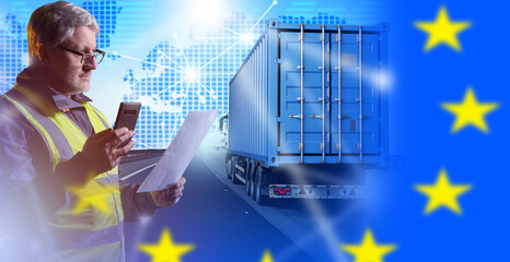 Logistic man. Truck from European Union. Employee logistics company from EU. Man logistician keeps...