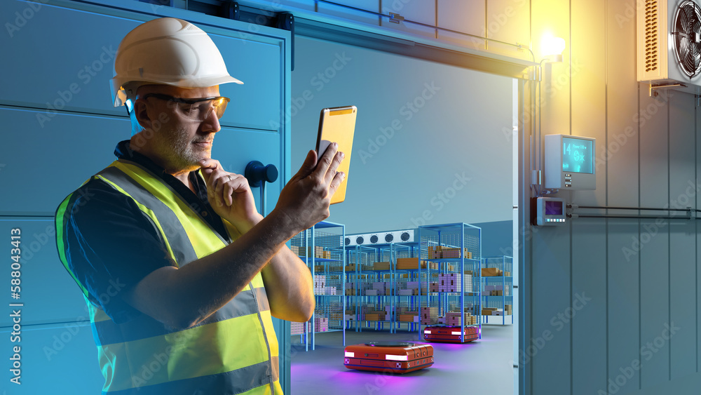 Poster man warehouse worker. guy near automated warehouse. worker controls robots in freezer warehouse. sto