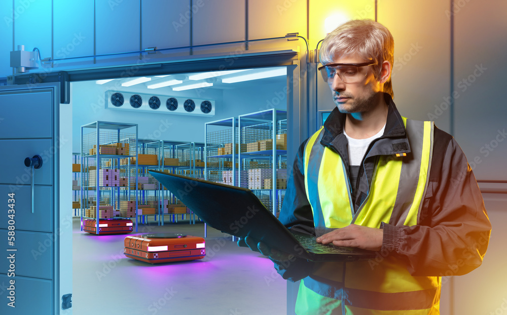 Poster warehouse automation. man with laptop. storekeeper near autonomous warehouse. innovative warehouse w